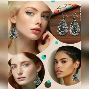 Southwestern black and white aninal printed tear drop pendant earrings